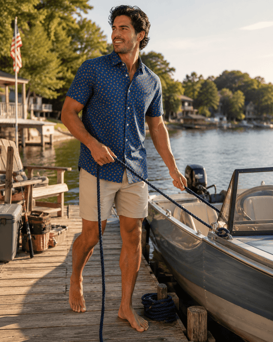 Hang Loose Woven Shirt - Navy - Buoy & Boat - Short Sleeve Performance Button Down - Navy