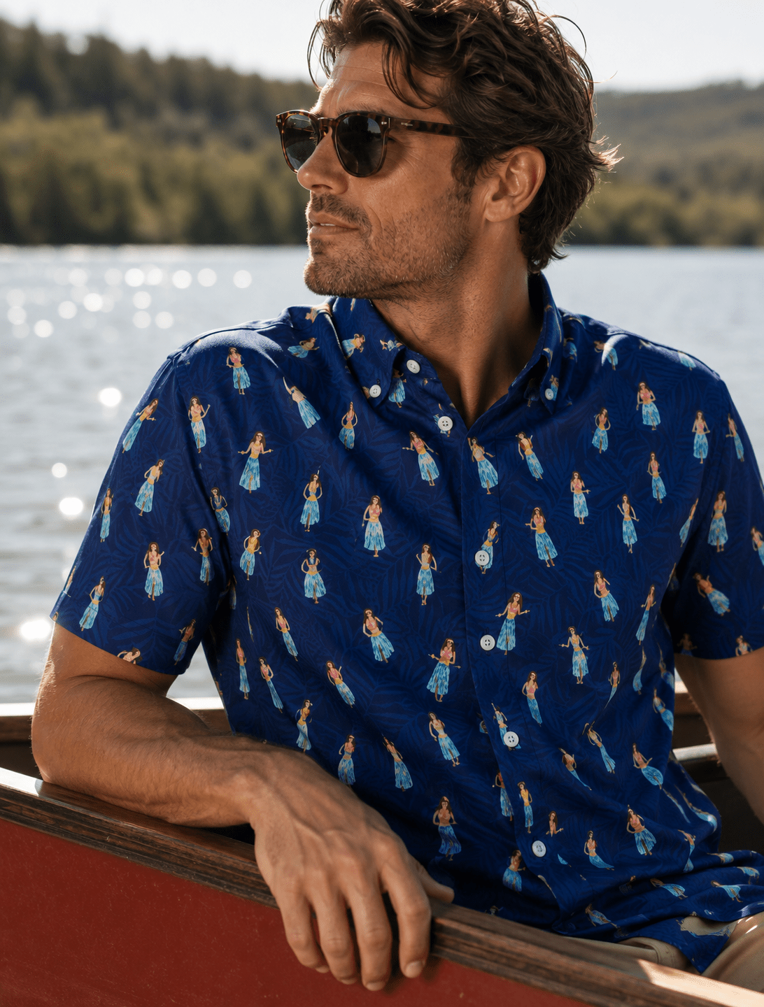 Hula Babes Woven Shirt - Buoy & Boat - Short Sleeve Performance Button Down - Blue