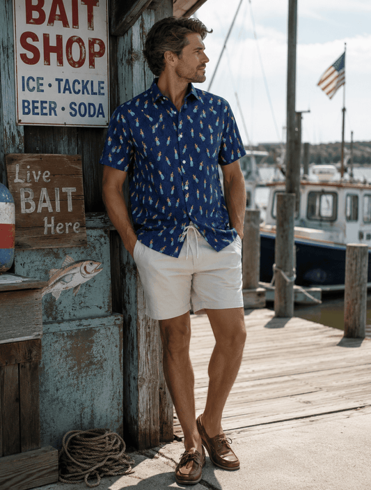 Hula Babes Woven Shirt - Buoy & Boat - Short Sleeve Performance Button Down - Blue
