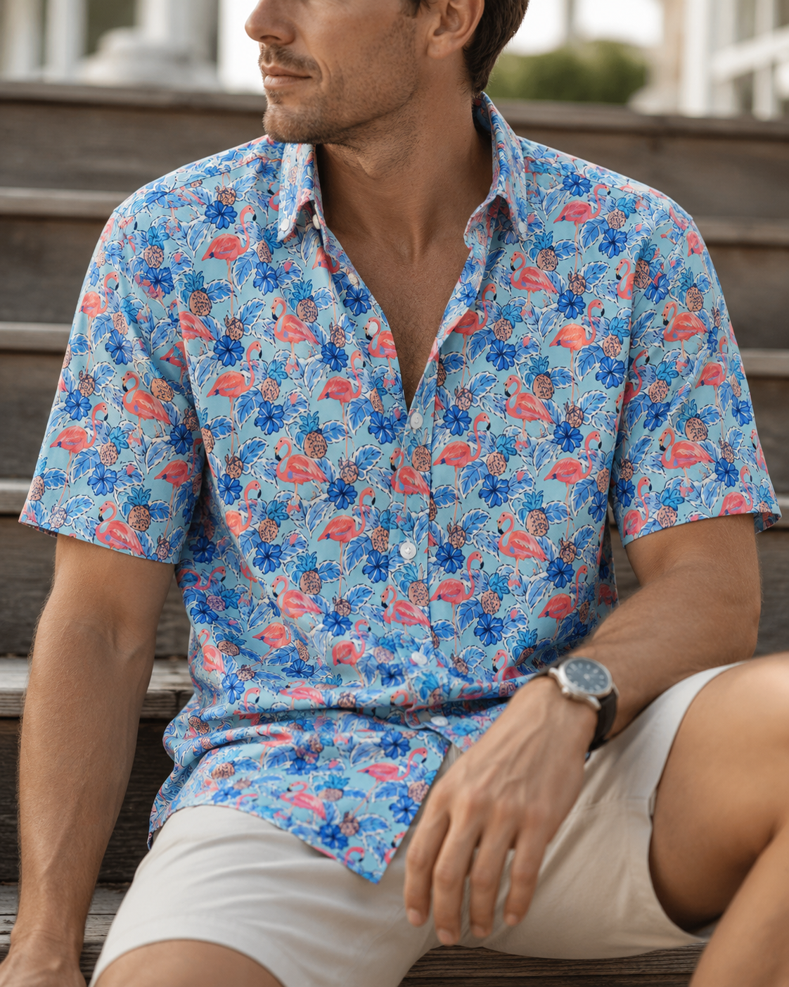 Flamingo Paradise Woven Shirt - Buoy & Boat - Short Sleeve Performance Button Down - Blue