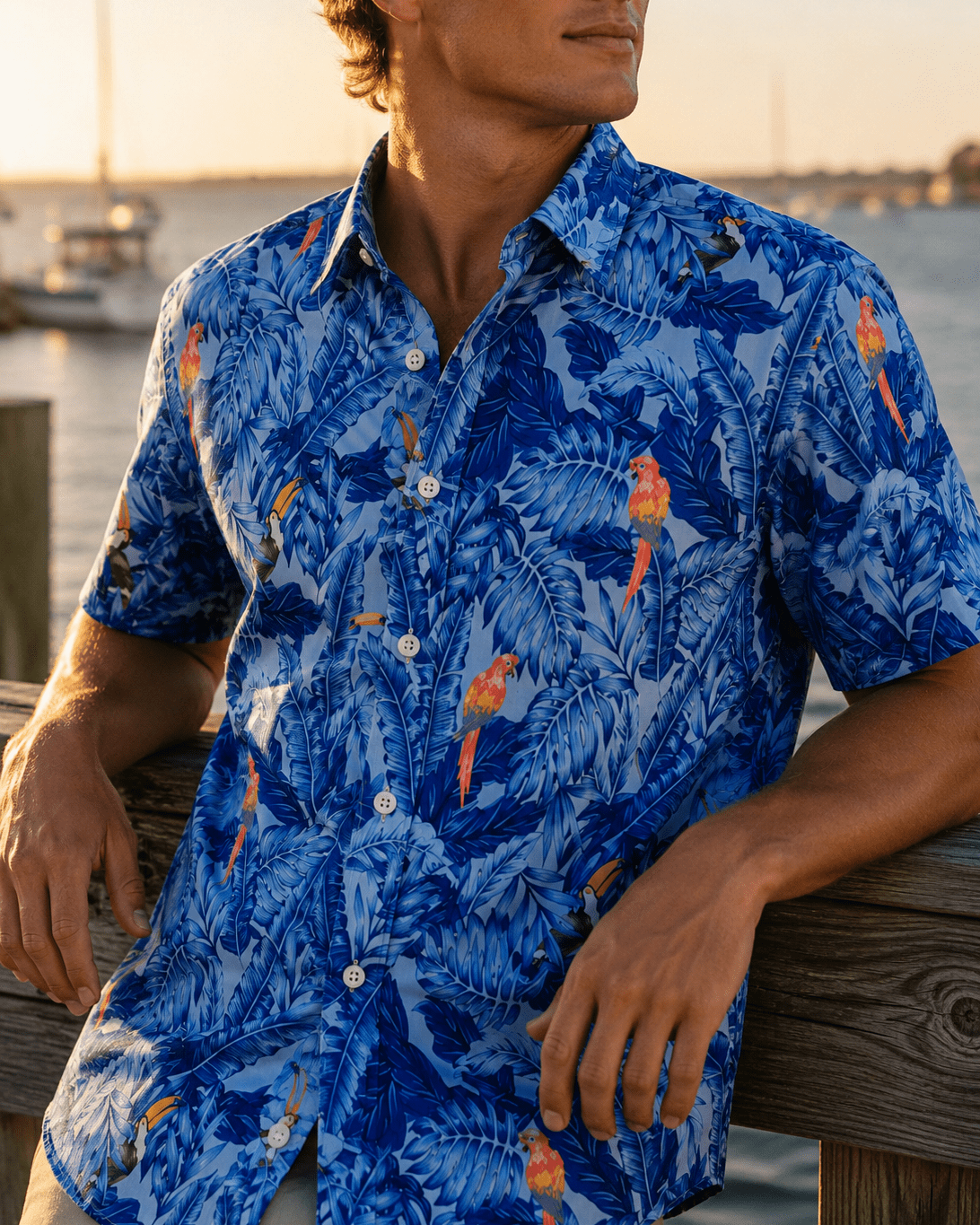 Tropical Birds Woven Shirt - Blue - Buoy & Boat - Short Sleeve Performance Button Down - Blue