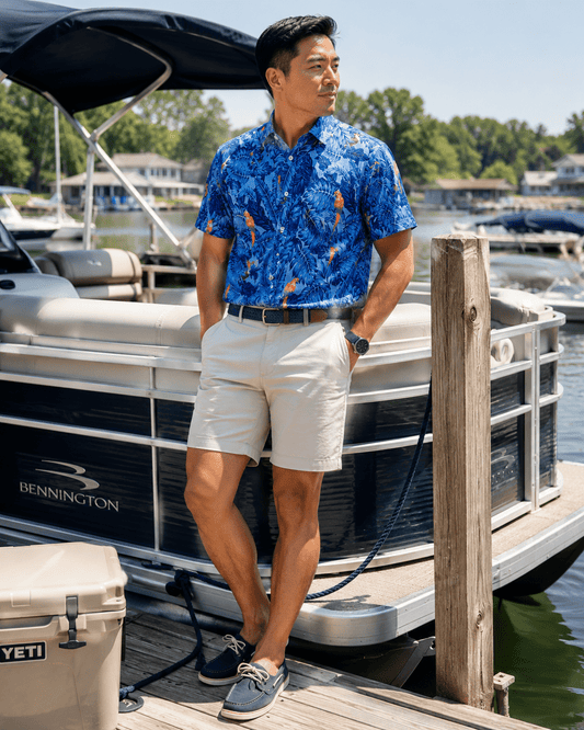 Tropical Birds Woven Shirt - Blue - Buoy & Boat - Short Sleeve Performance Button Down - Blue