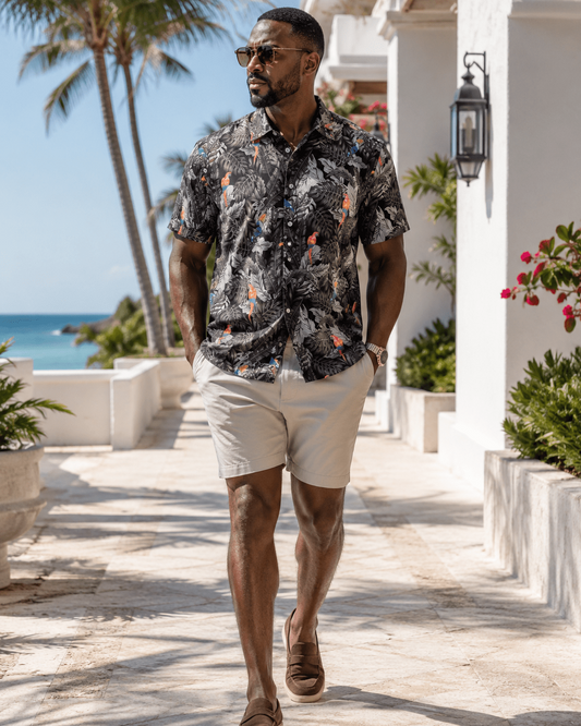 Tropical Birds Woven Shirt - Black - Buoy & Boat - Short Sleeve Performance Button Down - Black