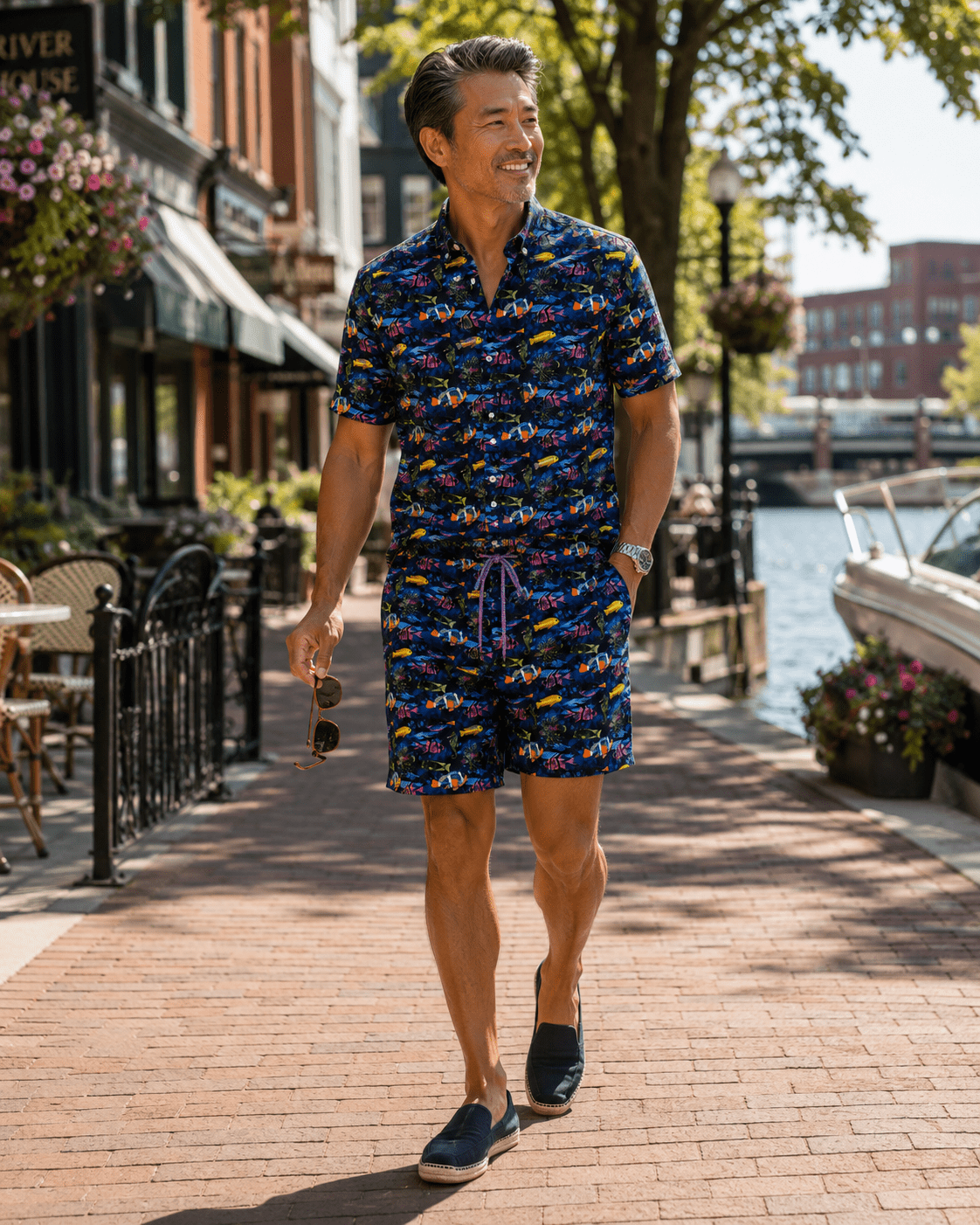 Fish Woven Shirt - Navy - Buoy & Boat - Short Sleeve Performance Button Down - Navy