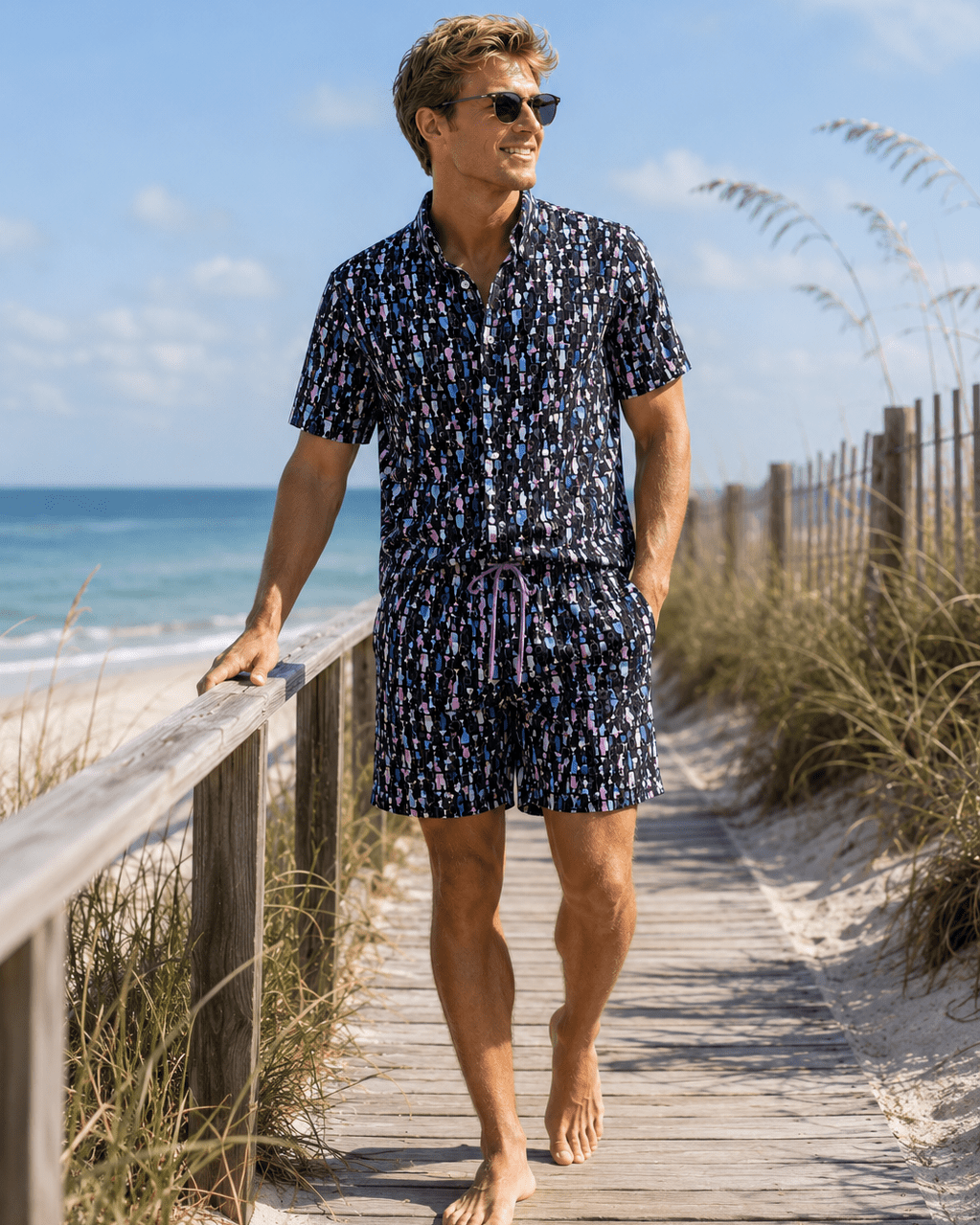 Bottles and Glasses Woven Shirt - Black - Buoy & Boat - Short Sleeve Performance Button Down - Black