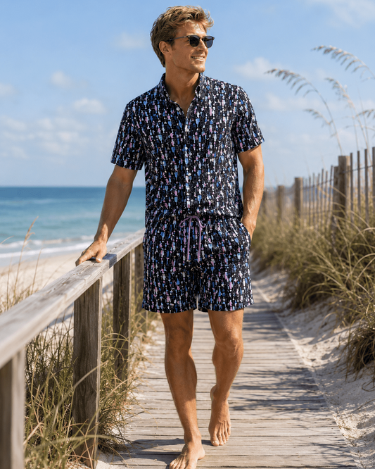 Bottles and Glasses Woven Shirt - Black - Buoy & Boat - Short Sleeve Performance Button Down - Black