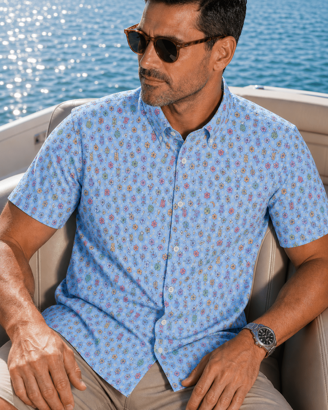 Tropical Drinks Woven Shirt - Blue - Buoy & Boat - Short Sleeve Performance Button Down - Blue