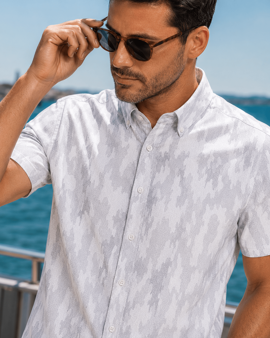 Surf Island Camo Woven Shirt - Gray - Buoy & Boat - Short Sleeve Performance Button Down - Silver
