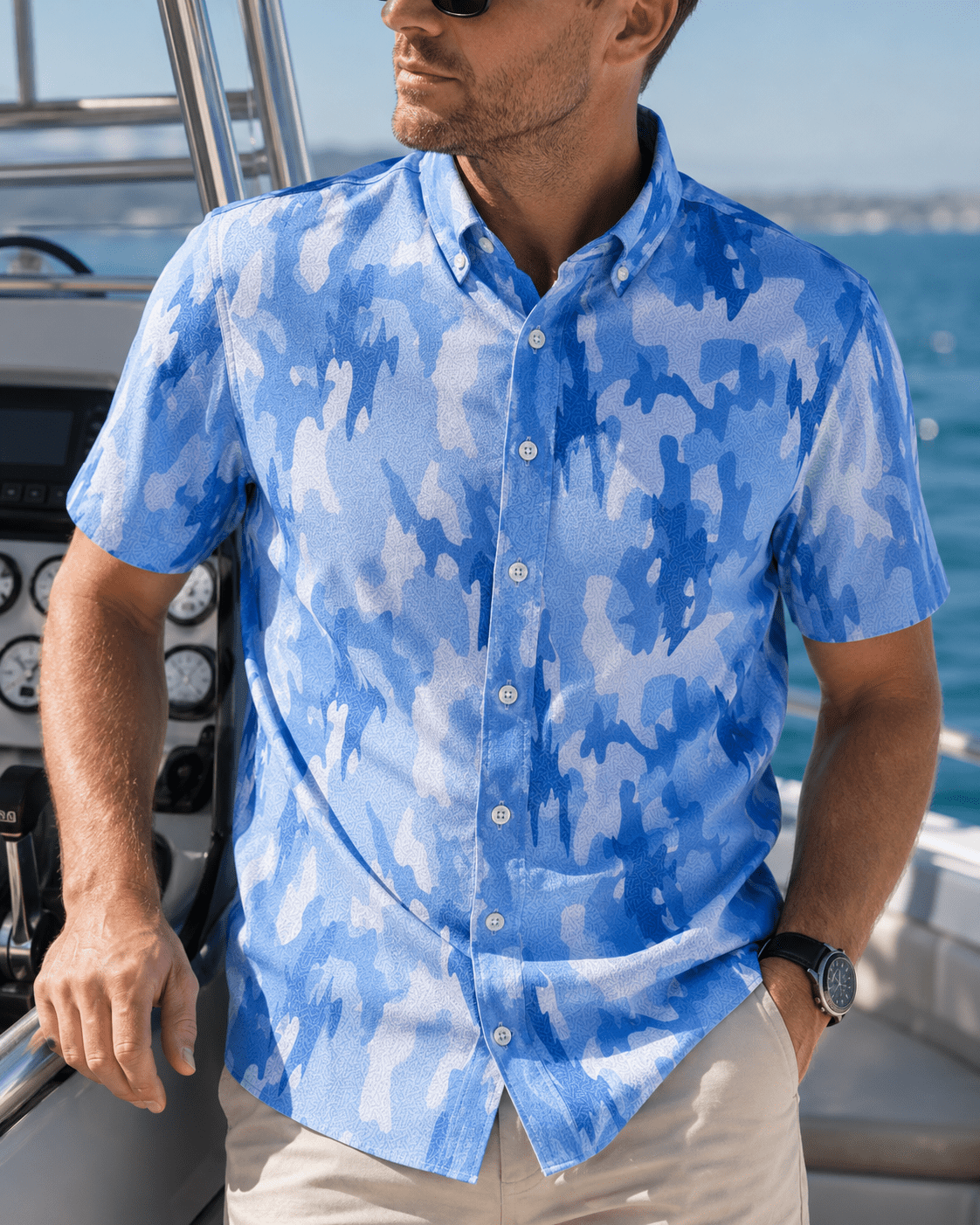 Surf Island Camo Woven Shirt - Blue - Buoy & Boat - Short Sleeve Performance Button Down - Blue