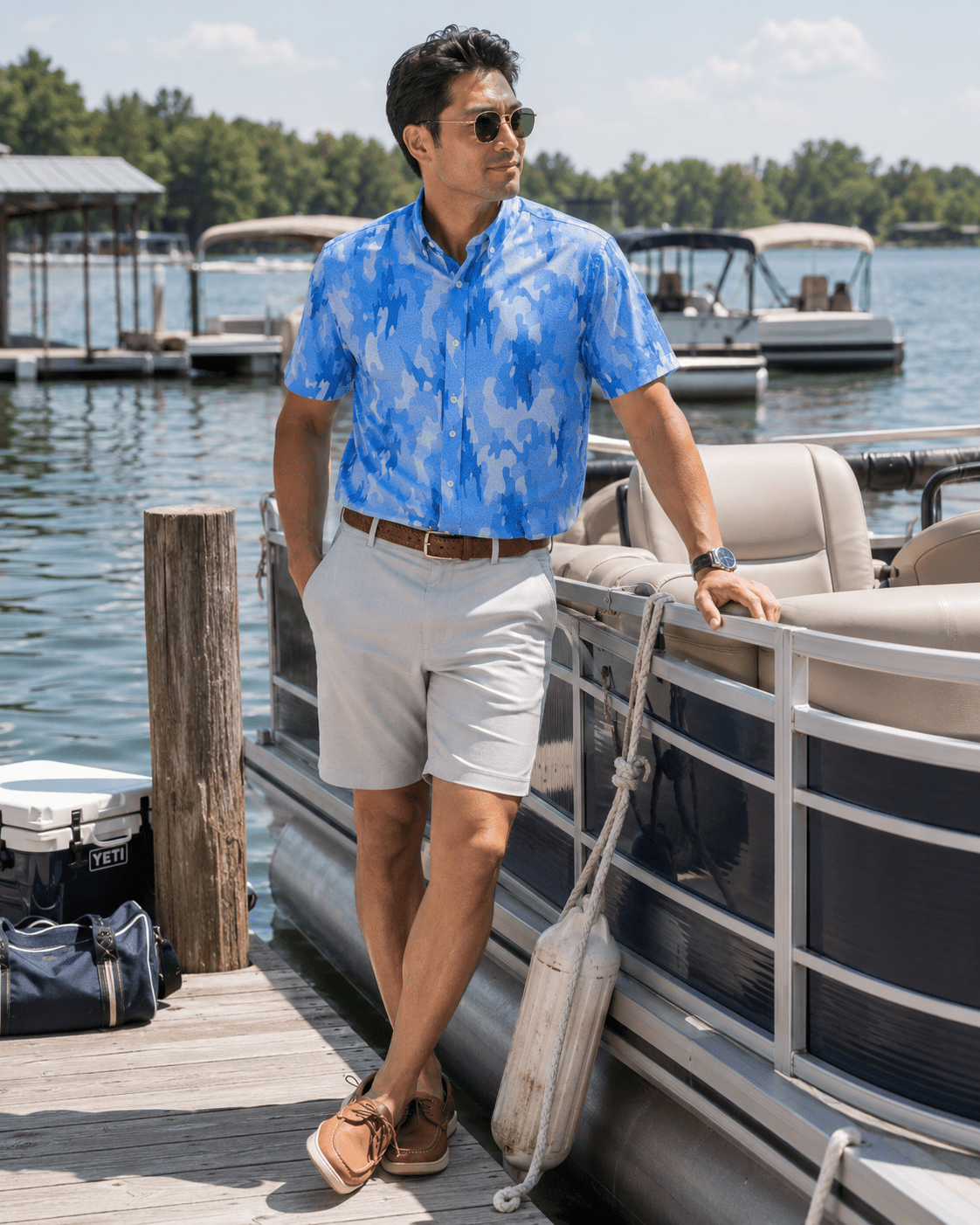 Surf Island Camo Woven Shirt - Blue - Buoy & Boat - Short Sleeve Performance Button Down - Blue