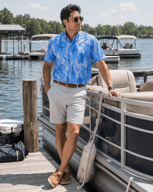 Surf Island Camo Woven Shirt - Blue - Buoy & Boat - Short Sleeve Performance Button Down - Blue