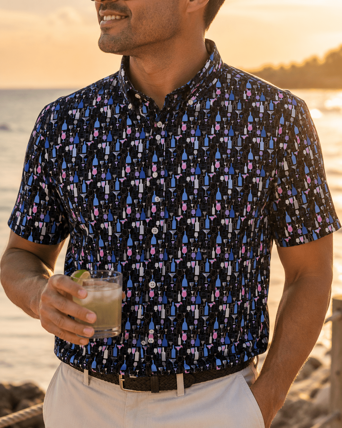Bottles and Glasses Woven Shirt - Black - Buoy & Boat - Short Sleeve Performance Button Down - Black
