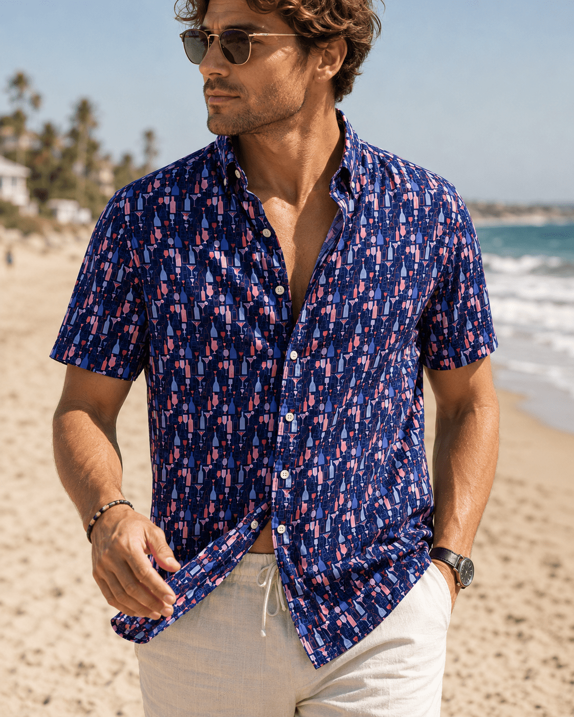 Bottles and Glasses Woven Shirt - Navy - Buoy & Boat - Short Sleeve Performance Button Down - Navy
