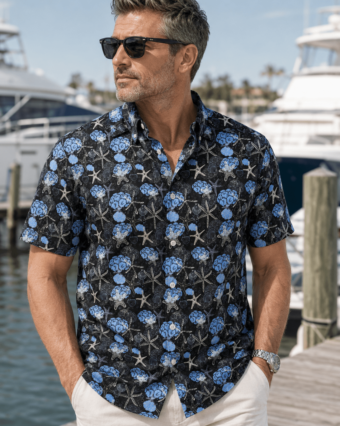 Starfish and Shells Woven Shirt - Black - Buoy & Boat - Short Sleeve Performance Button Down - Black