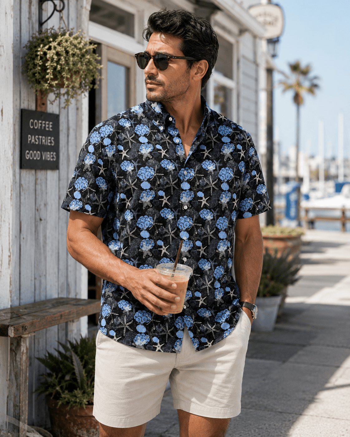 Starfish and Shells Woven Shirt - Black - Buoy & Boat - Short Sleeve Performance Button Down - Black