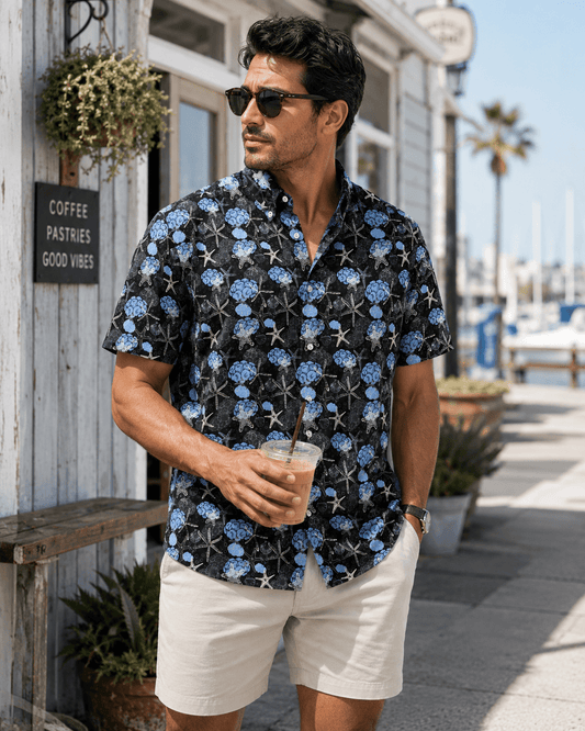 Starfish and Shells Woven Shirt - Black - Buoy & Boat - Short Sleeve Performance Button Down - Black
