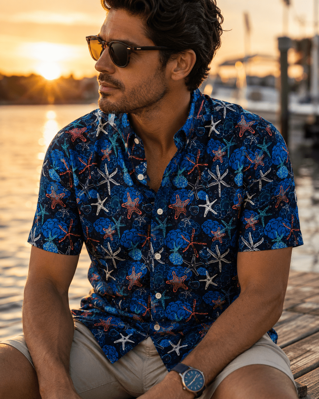 Starfish and Shells Woven Shirt - Navy - Buoy & Boat - Short Sleeve Performance Button Down - Navy