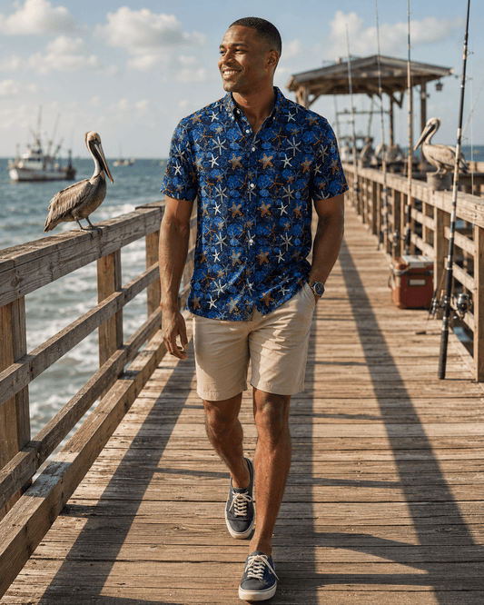 Starfish and Shells Woven Shirt - Navy - Buoy & Boat - Short Sleeve Performance Button Down - Navy