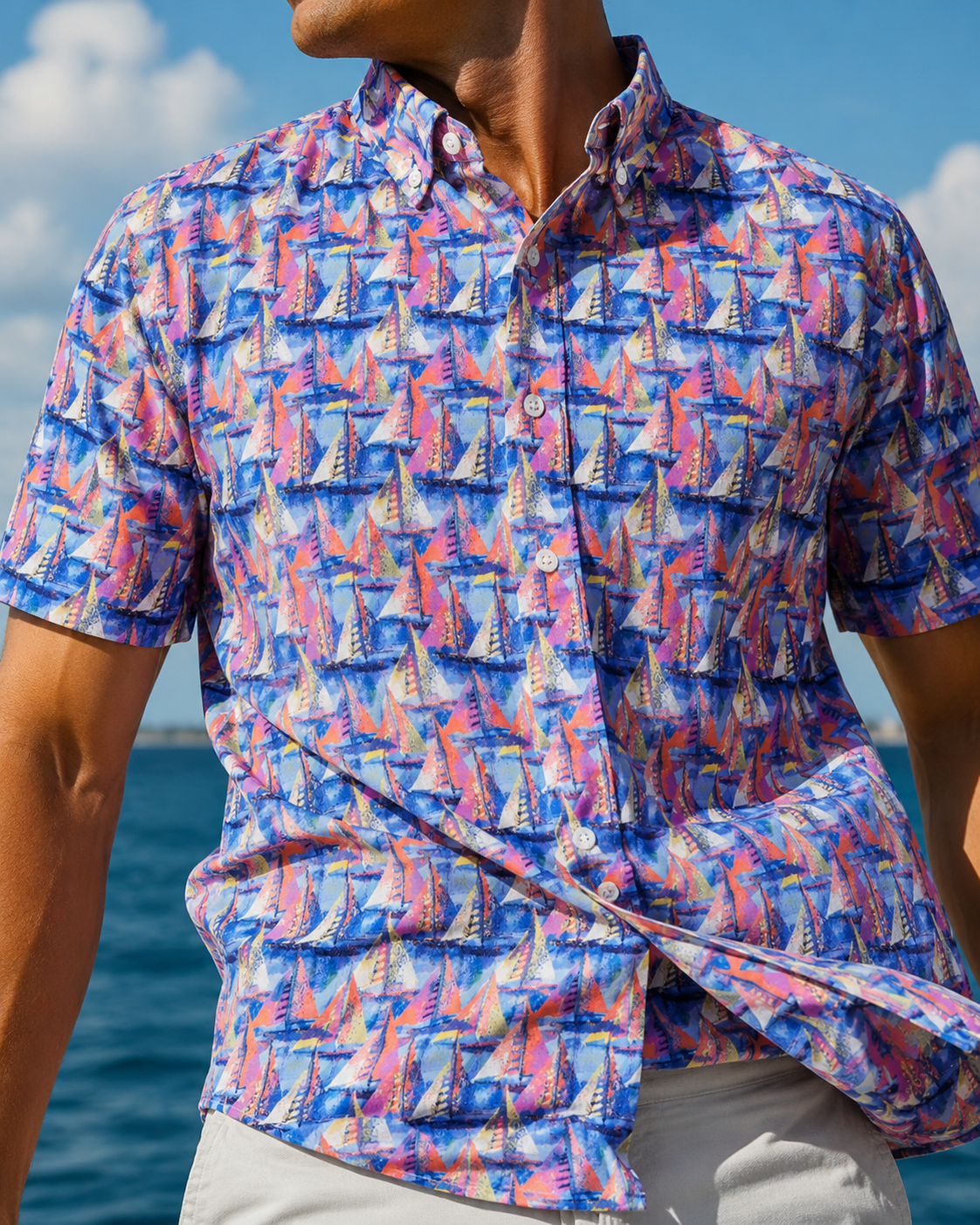 Let's Go Sailing Woven Shirt - Blue - Buoy & Boat - Short Sleeve Performance Button Down - Blue