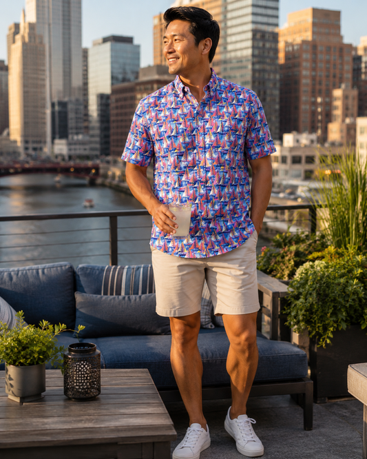 Let's Go Sailing Woven Shirt - Blue - Buoy & Boat - Short Sleeve Performance Button Down - Blue