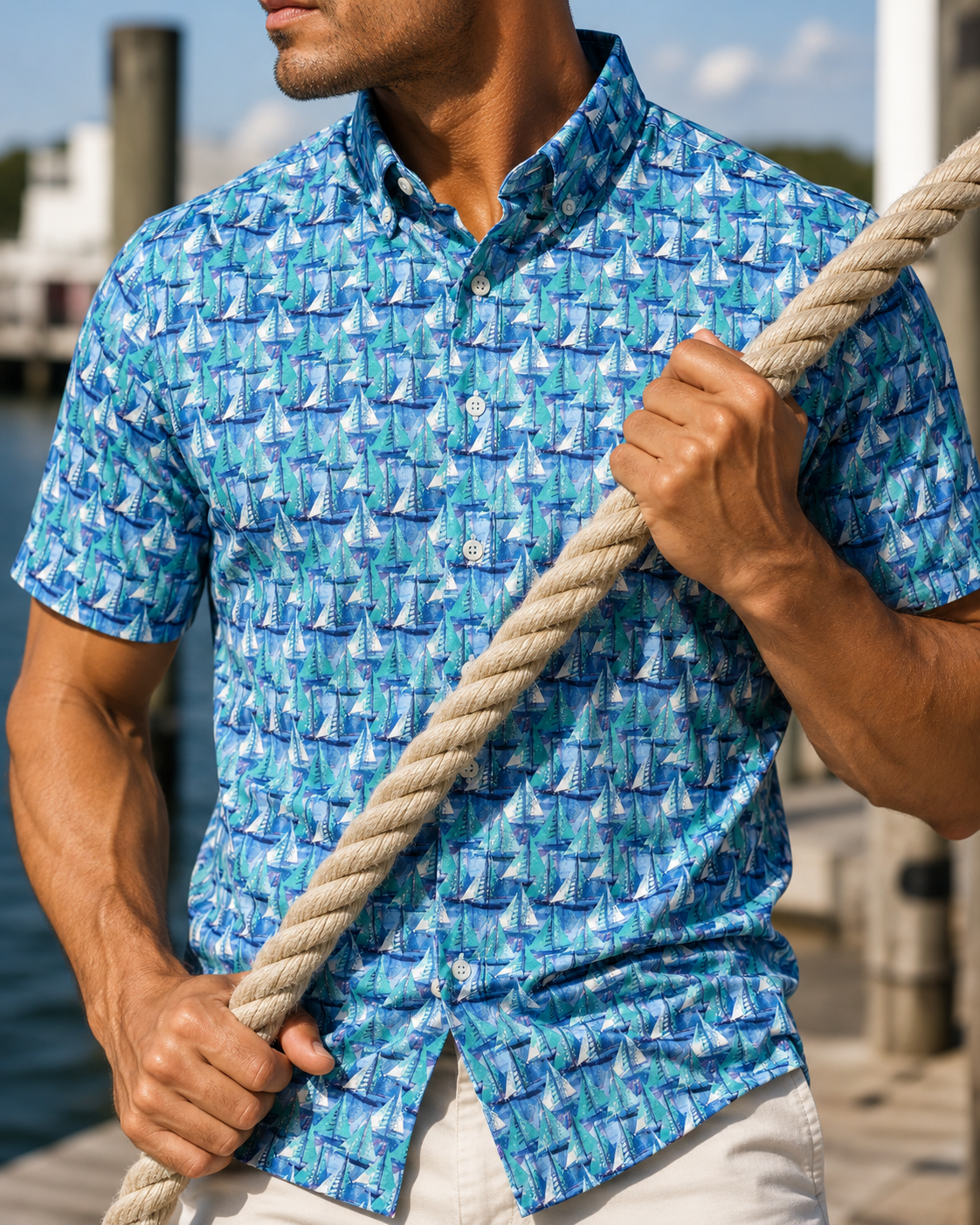 Let's Go Sailing Woven Shirt - Lagoon - Buoy & Boat - Short Sleeve Performance Button Down - Lagoon