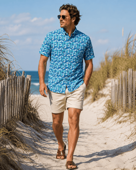 Let's Go Sailing Woven Shirt - Lagoon - Buoy & Boat - Short Sleeve Performance Button Down - Lagoon