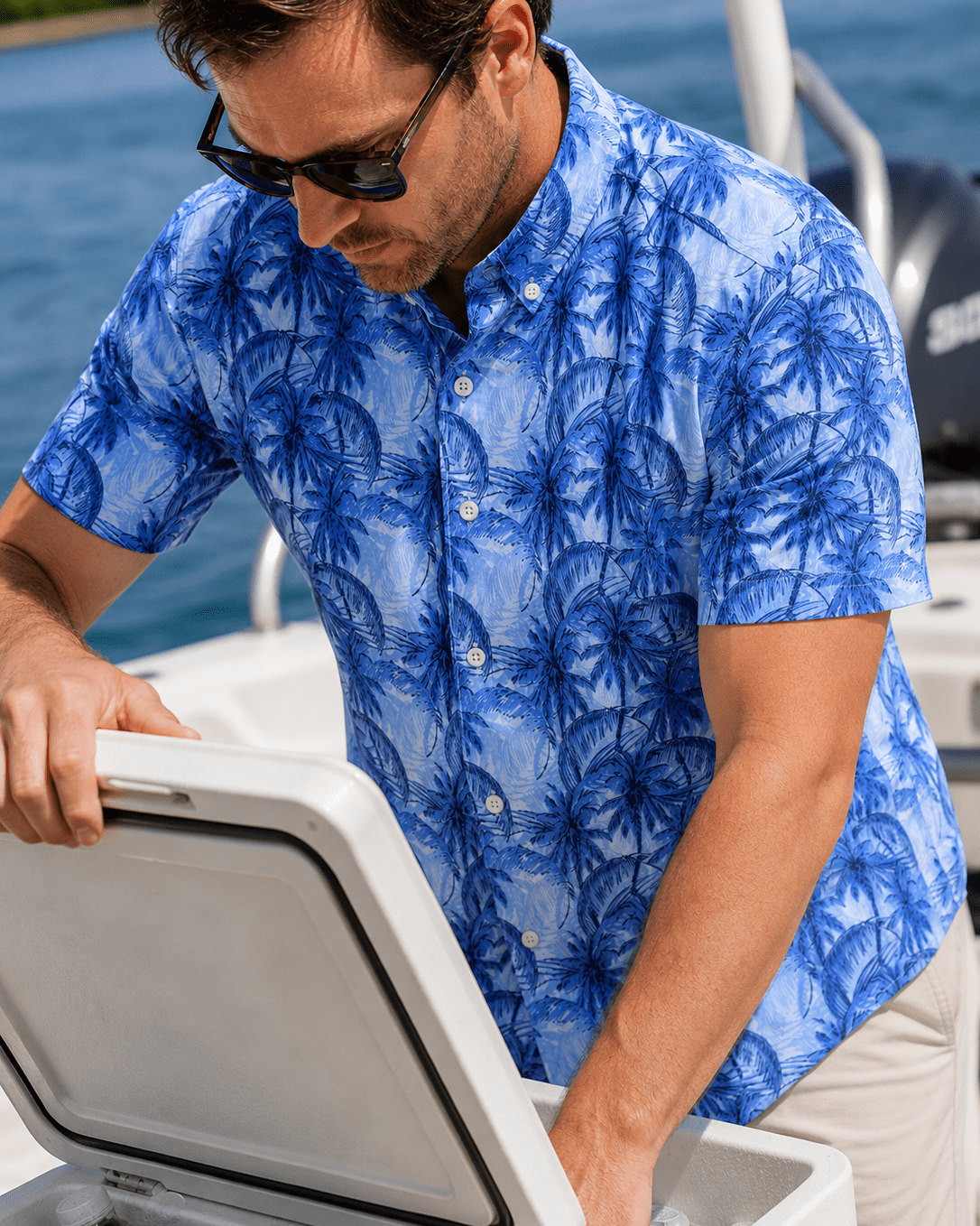 Palms Galore Woven Shirt - Blue - Buoy & Boat - Short Sleeve Performance Button Down - Blue