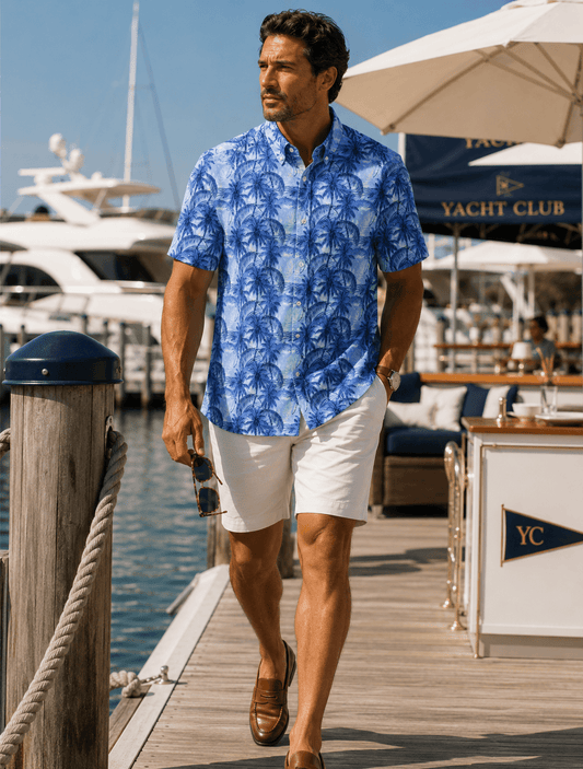 Palms Galore Woven Shirt - Blue - Buoy & Boat - Short Sleeve Performance Button Down - Blue