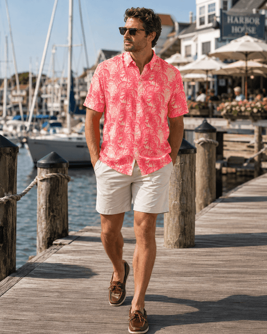 Palms Galore Woven Shirt - Melon - Buoy & Boat - Short Sleeve Performance Button Down - Melon