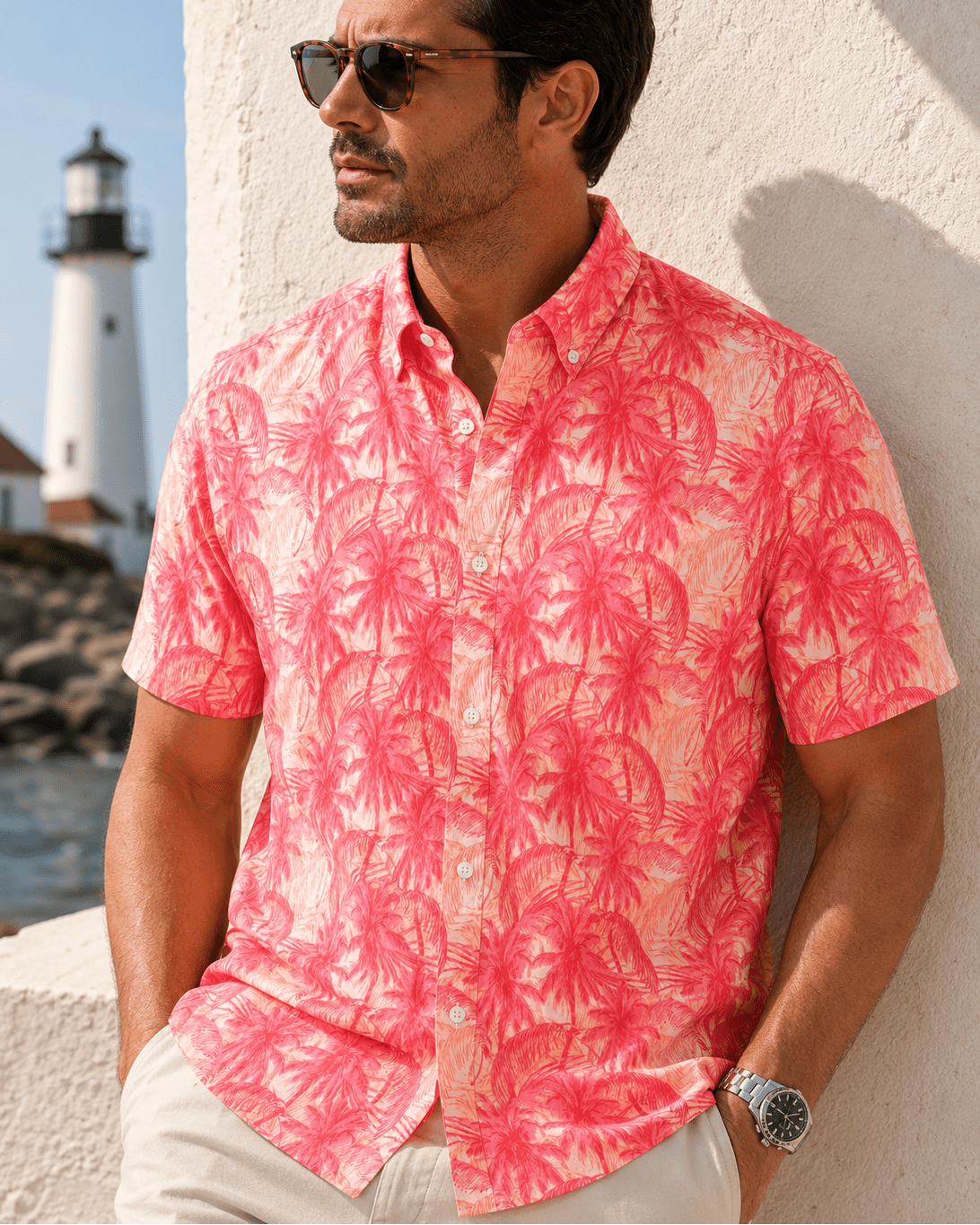 Palms Galore Woven Shirt - Melon - Buoy & Boat - Short Sleeve Performance Button Down - Melon