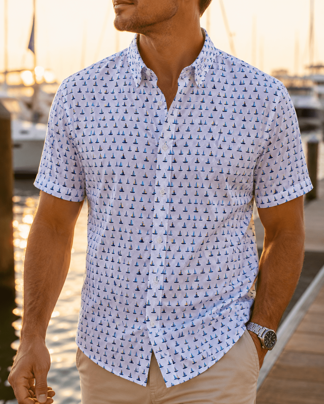 Boats and Dots Woven Shirt - White - Buoy & Boat - Short Sleeve Performance Button Down - White