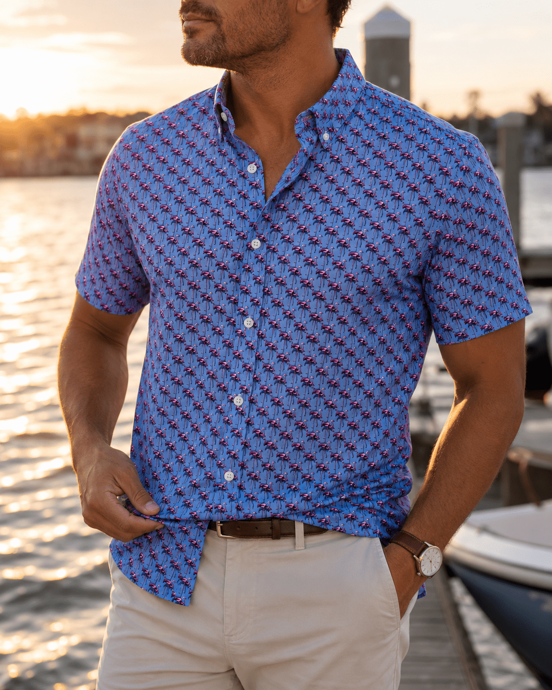 Flamingo Flock Woven Shirt - Blue - Buoy & Boat - Short Sleeve Performance Button Down - Blue
