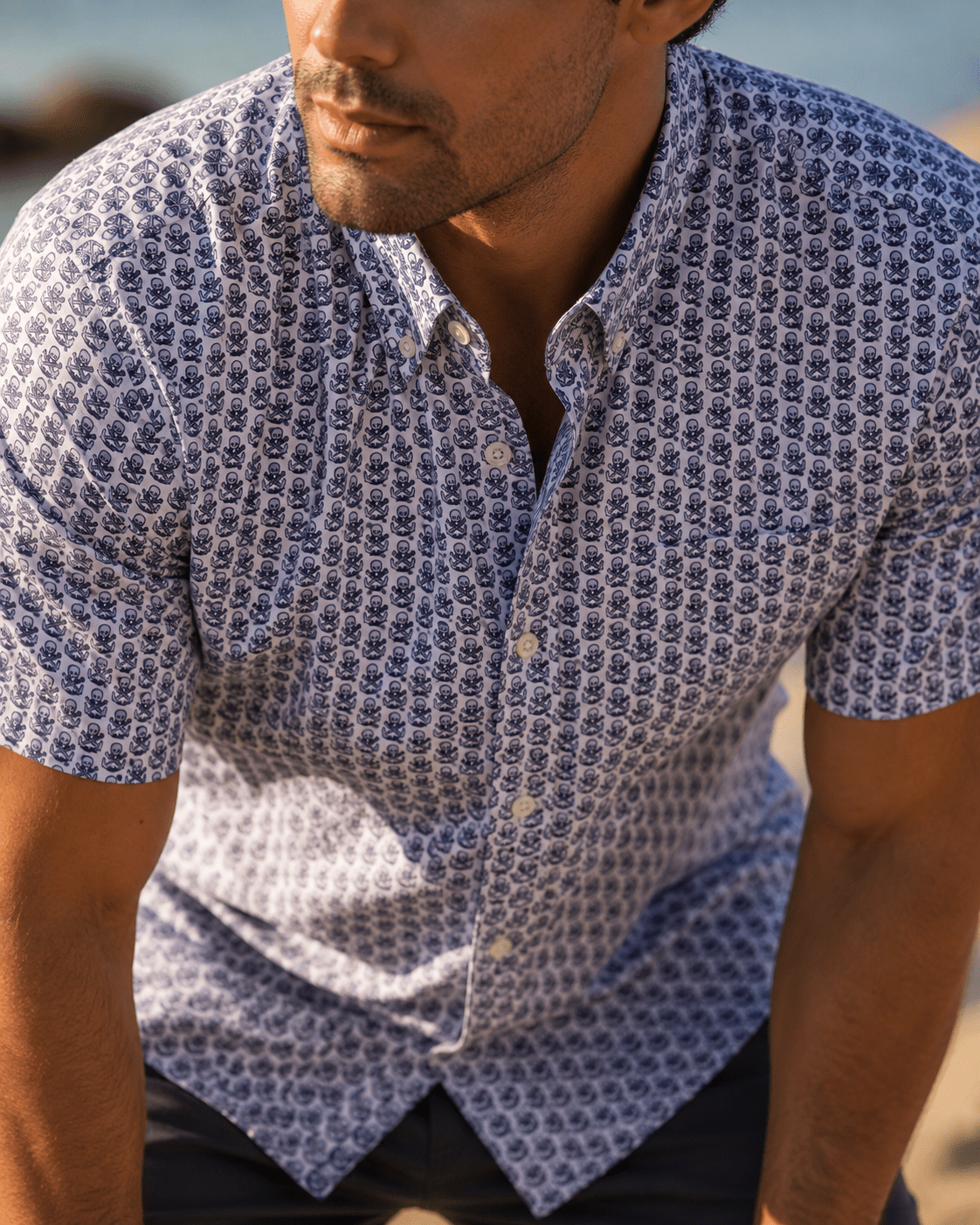 Skull Anchor Shadow Woven Shirt - White - Buoy & Boat - Short Sleeve Performance Button Down - White