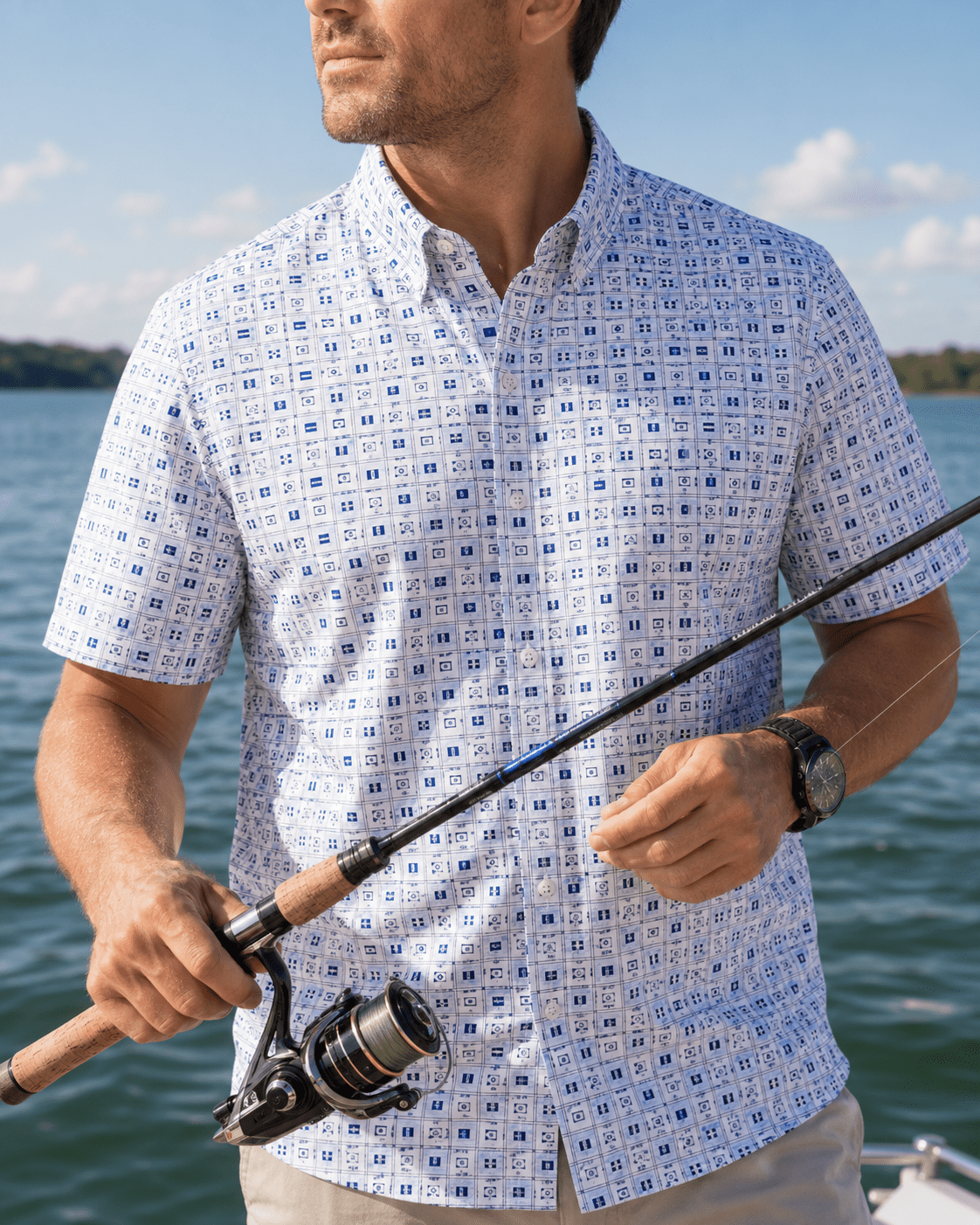 Flag Woven Shirt - White - Buoy & Boat - Short Sleeve Performance Button Down - White