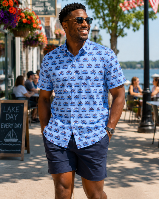 Hippie Van Woven Shirt - Blue - Buoy & Boat - Short Sleeve Performance Button Down - Blue
