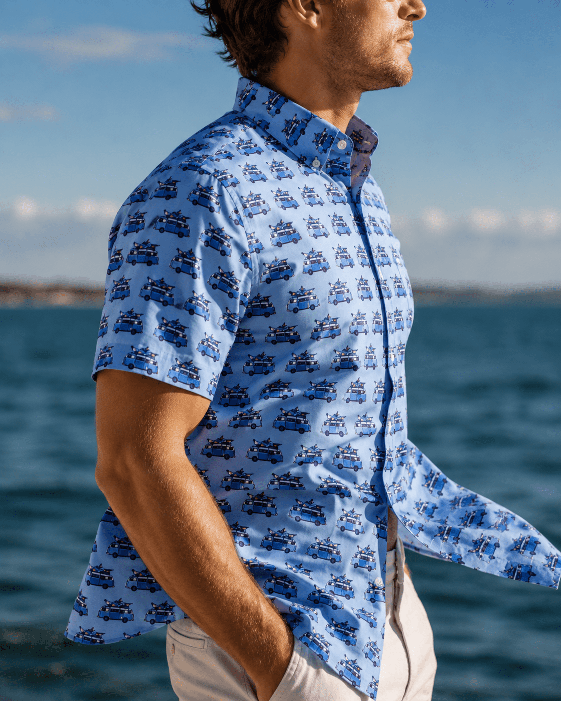 Hippie Van Woven Shirt - Blue - Buoy & Boat - Short Sleeve Performance Button Down - Blue
