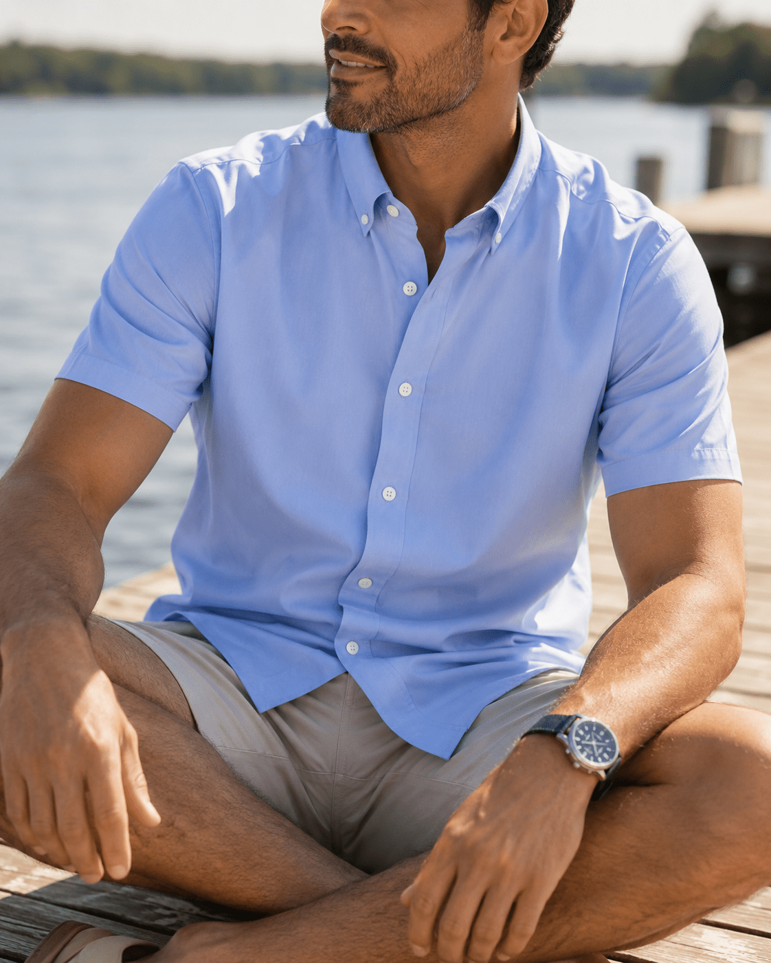 Simple Texture Woven Shirt - Blue - Buoy & Boat - Short Sleeve Performance Button Down - Blue