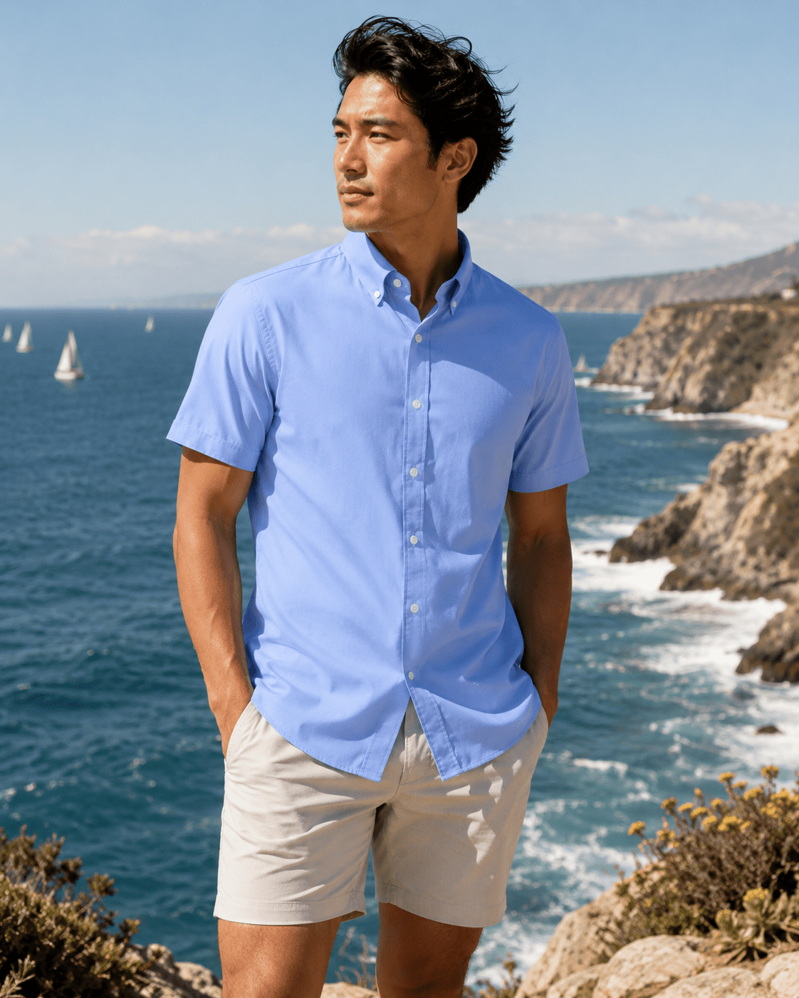 Simple Texture Woven Shirt - Blue - Buoy & Boat - Short Sleeve Performance Button Down - Blue