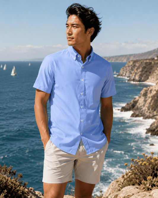 Simple Texture Woven Shirt - Blue - Buoy & Boat - Short Sleeve Performance Button Down - Blue