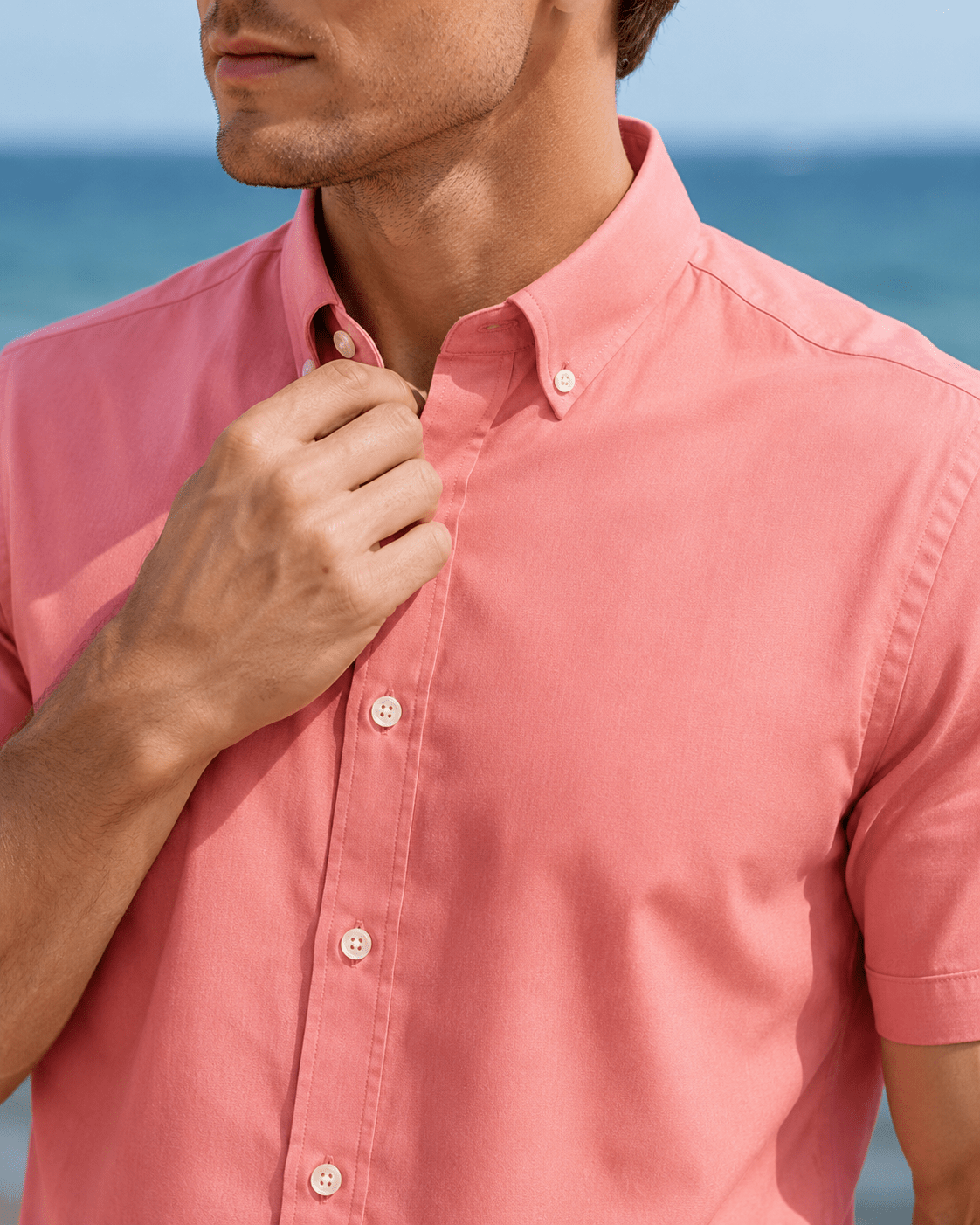 Simple Texture Woven Shirt - Coral - Buoy & Boat - Short Sleeve Performance Button Down - Coral