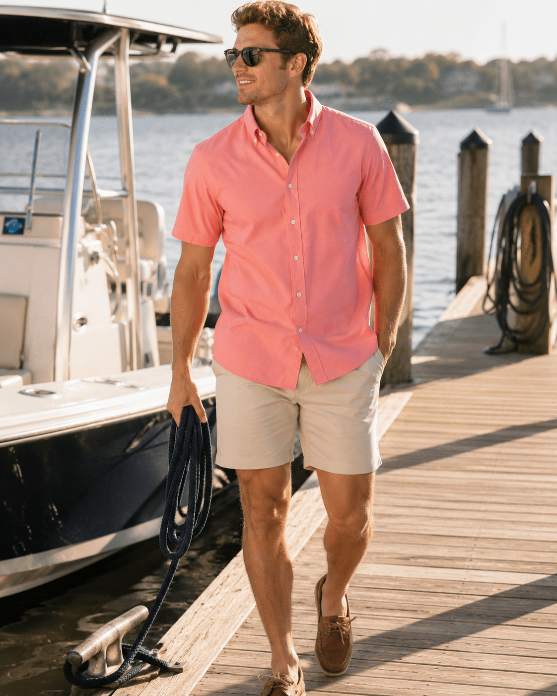Simple Texture Woven Shirt - Coral - Buoy & Boat - Short Sleeve Performance Button Down - Coral