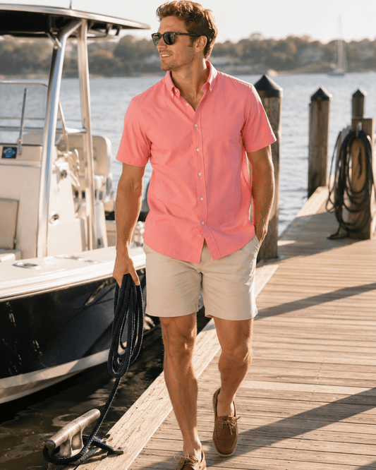 Simple Texture Woven Shirt - Coral - Buoy & Boat - Short Sleeve Performance Button Down - Coral