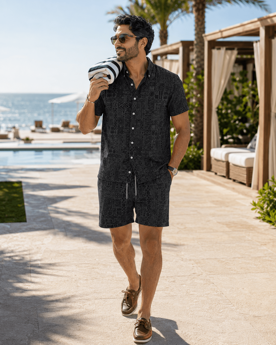 Tribal Tiles Woven Shirt - Black - Buoy & Boat - Short Sleeve Performance Button Down - Black