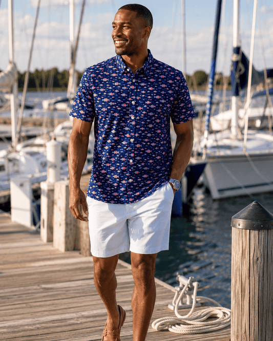 Arty Fish Woven Shirt - Navy - Buoy & Boat - Short Sleeve Performance Button Down - Navy