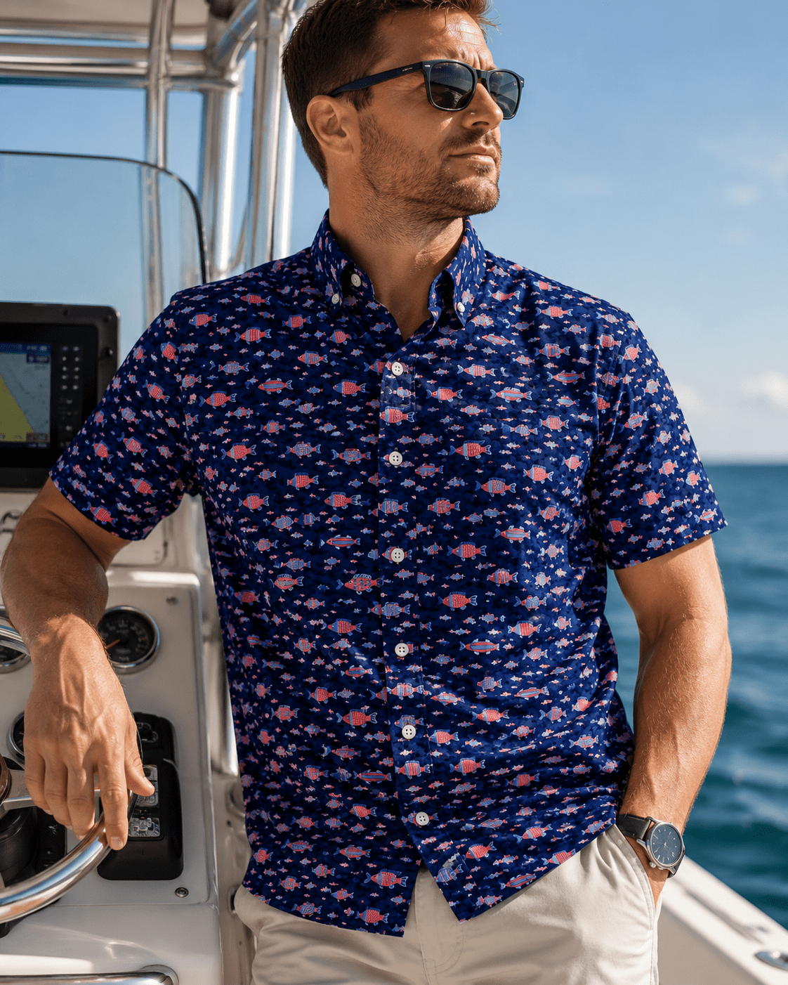 Arty Fish Woven Shirt - Navy - Buoy & Boat - Short Sleeve Performance Button Down - Navy