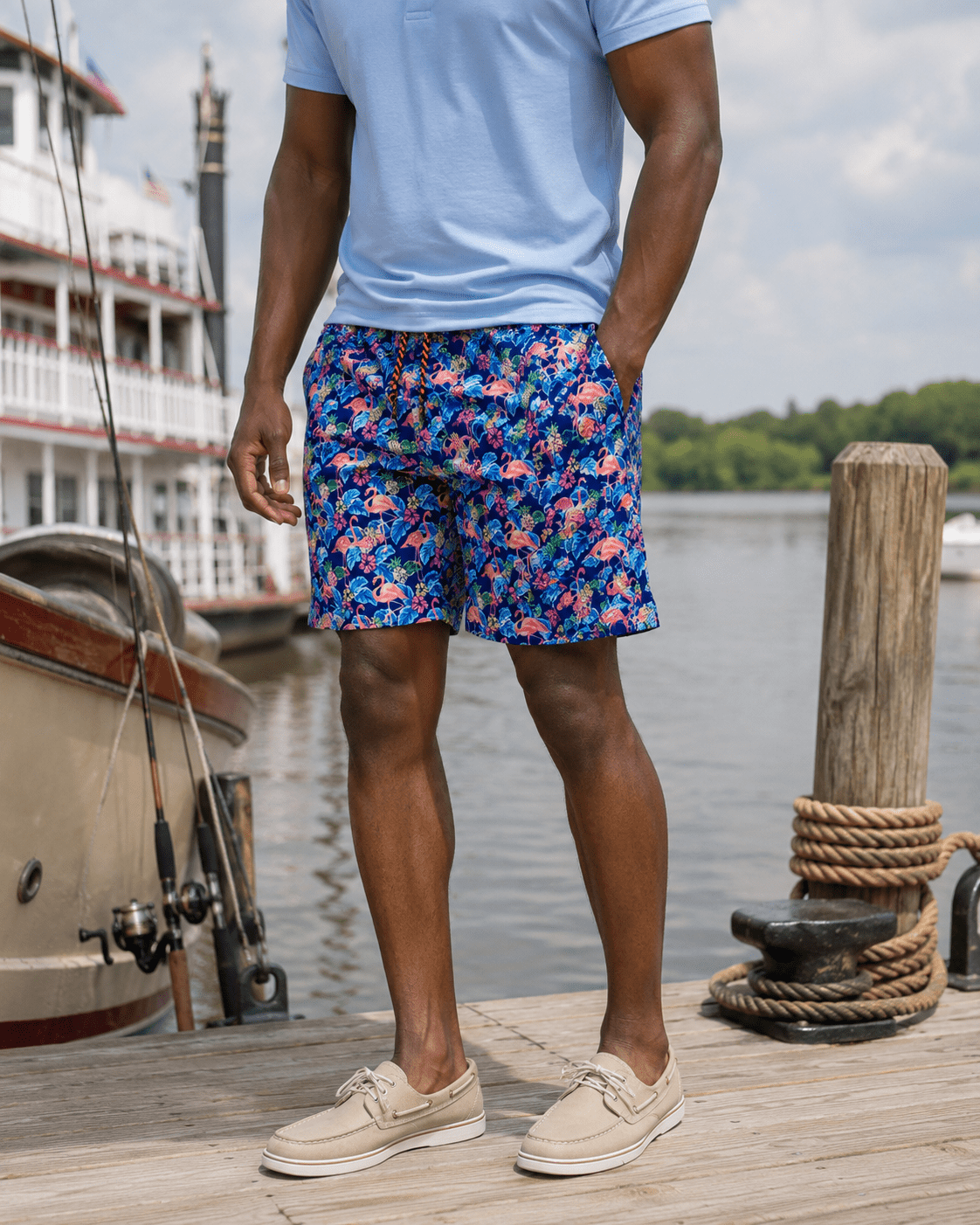 Flamingo Flower Swim Trunks - Buoy & Boat - Swim Trunks - Navy
