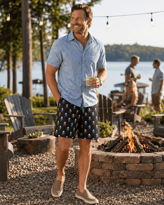 Skulls & Fish Bones Boardshorts - Buoy & Boat - Swim Trunks - Black