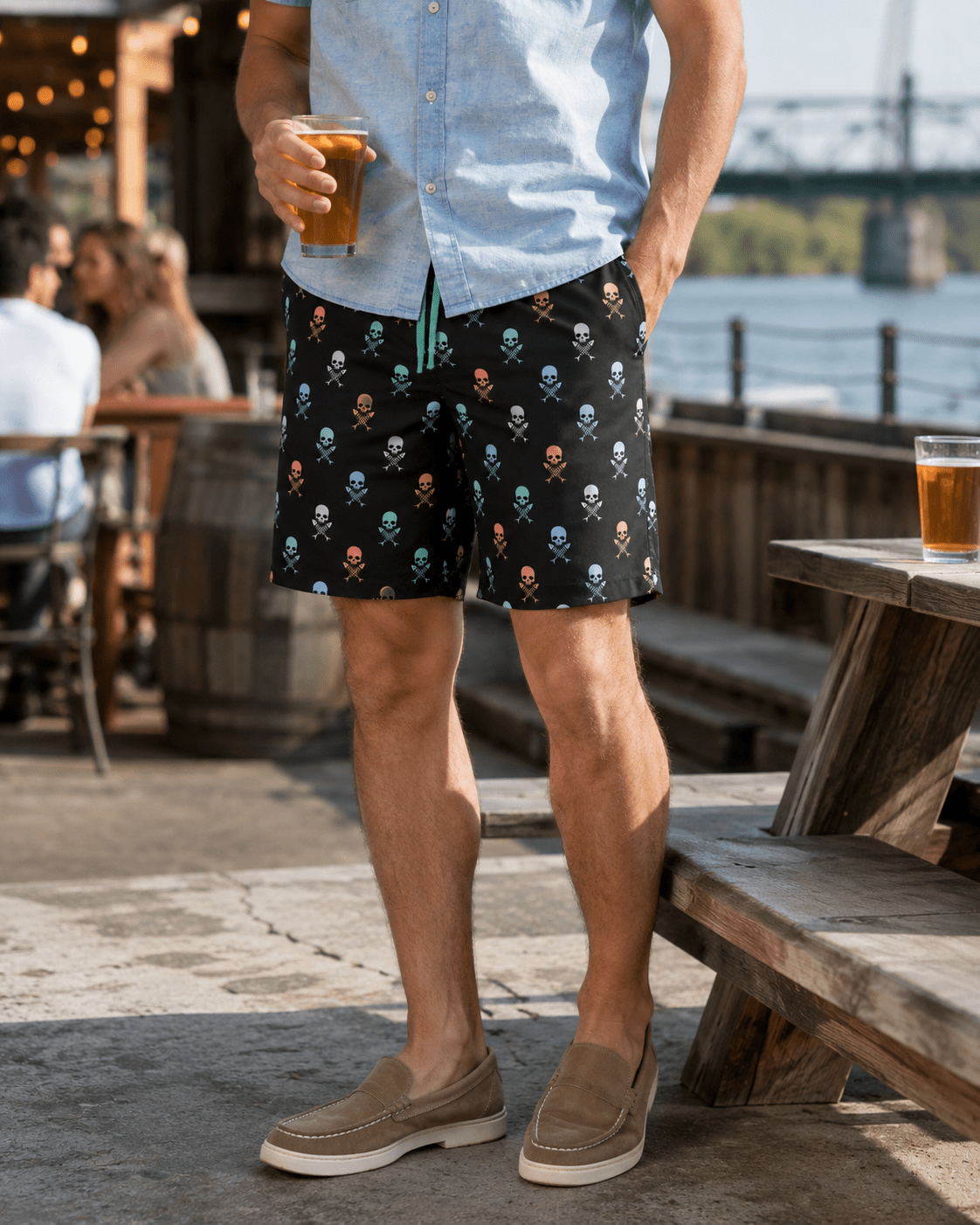 Skulls & Fish Bones Boardshorts - Buoy & Boat - Swim Trunks - Black