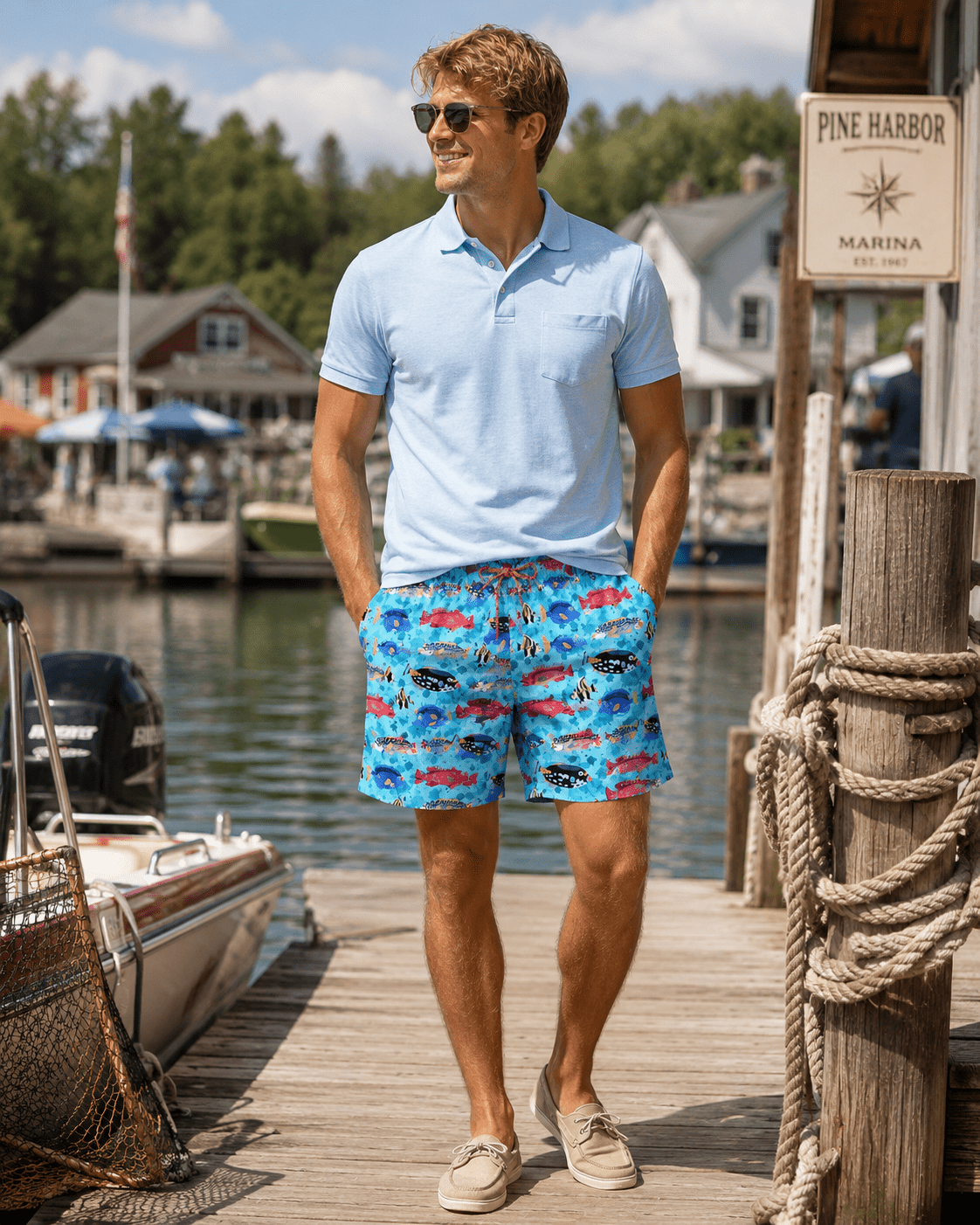 Fish Swim Trunks - Aqua - Buoy & Boat - Swim Trunks - Aqua