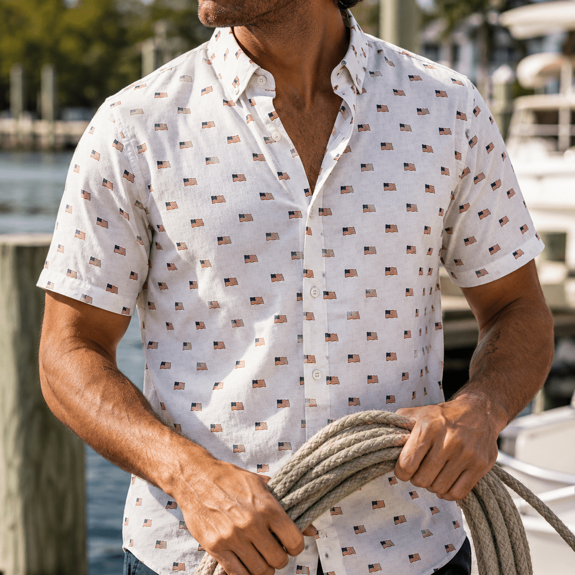 Flag Sea Woven Shirt - White - Buoy & Boat - Short Sleeve Woven - MEDIUM